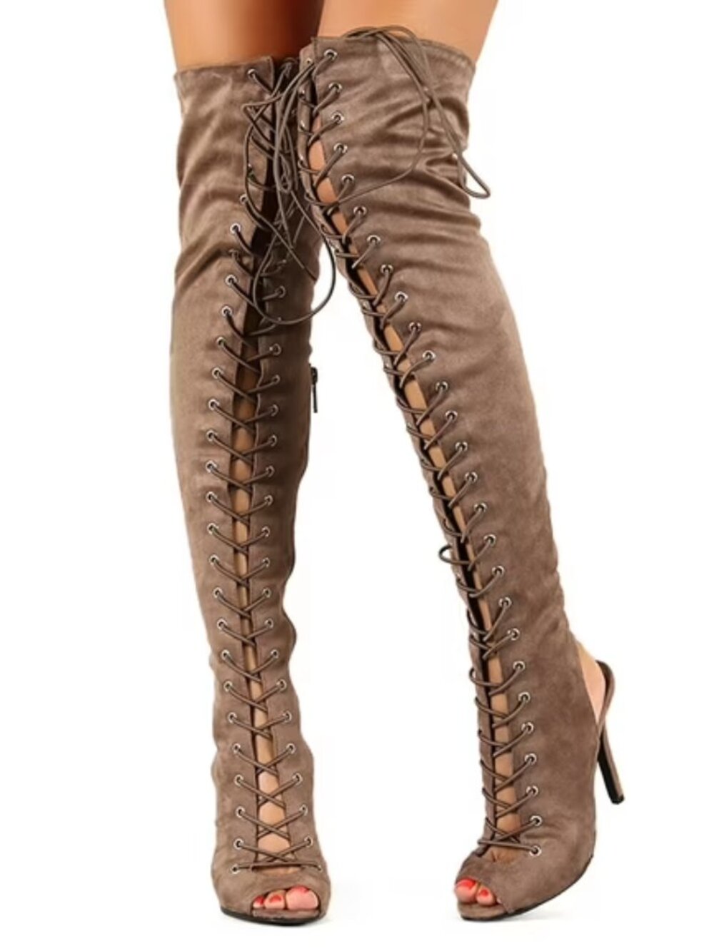 NWT Breckelle's Randi-23 Taupe Faux Suede Lace-Up OTK Peep Toe Boots Size 7